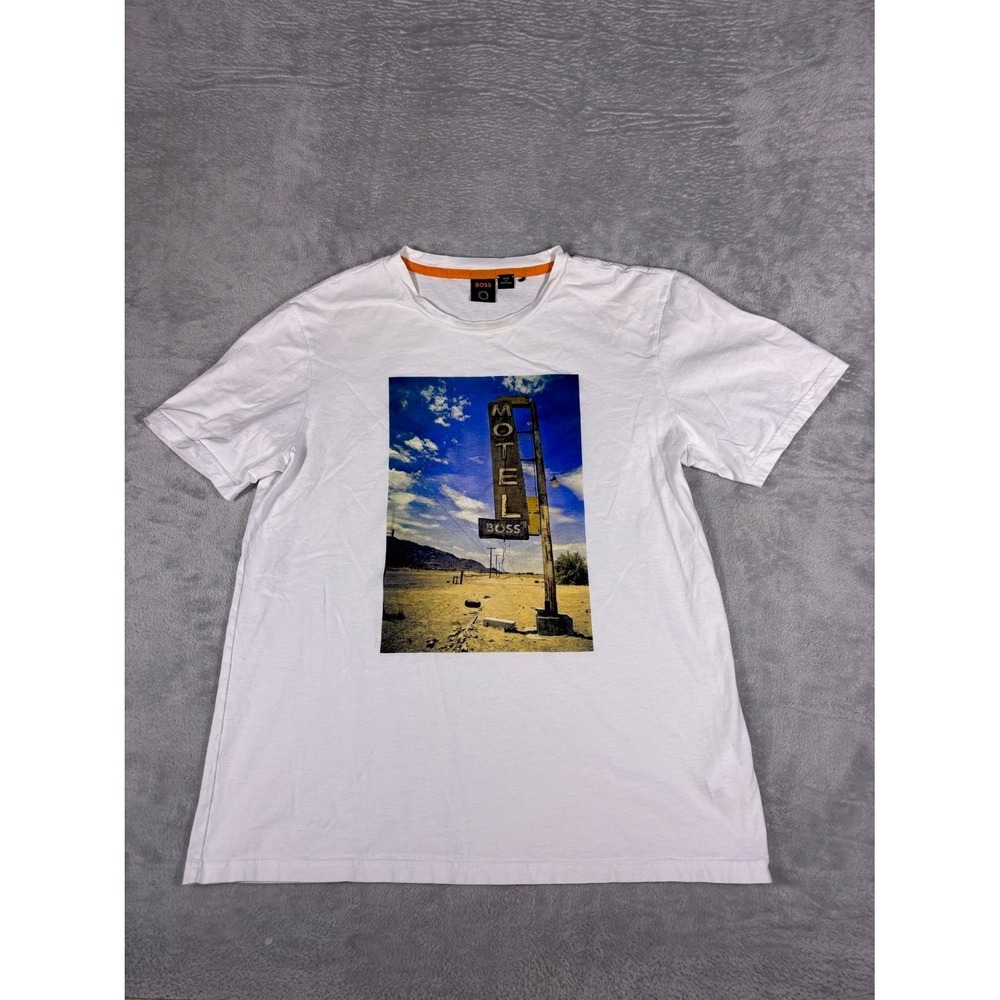 Hugo Boss Mens XL White Motel Graphic Print T Shirt Short Sleeve